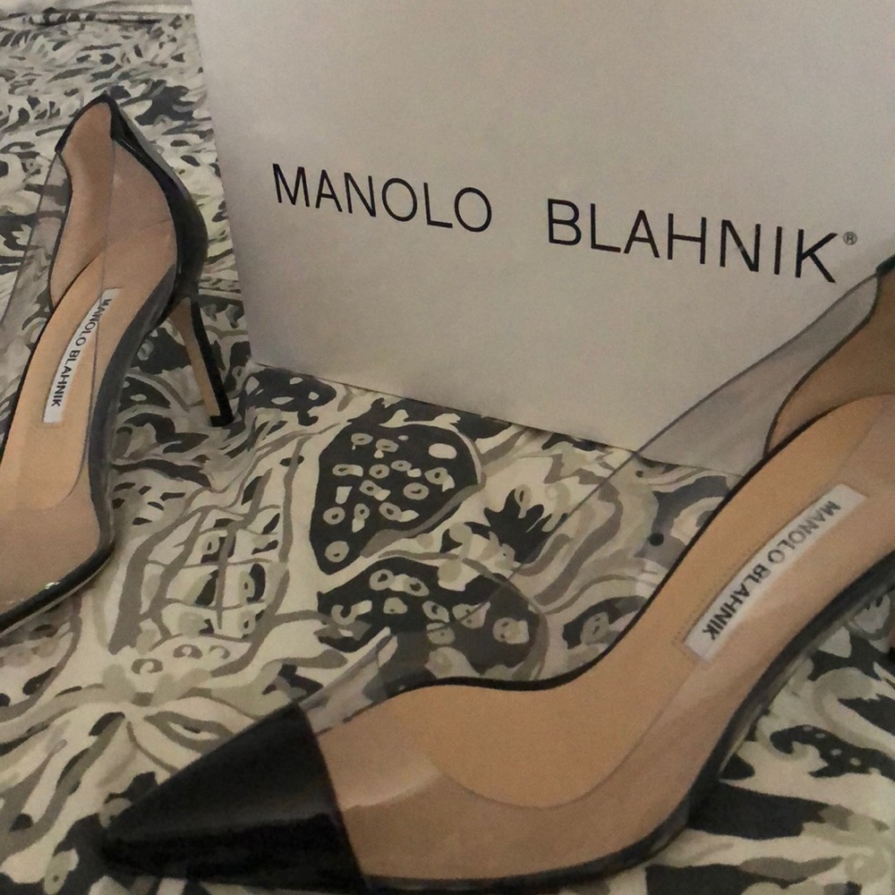 Manolo Blahnik 38.5 clear/black heels